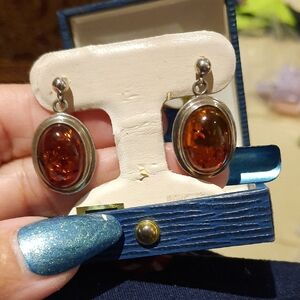 Vintage Solid Sterling Silver Genuine Amber Dangle Earrings
